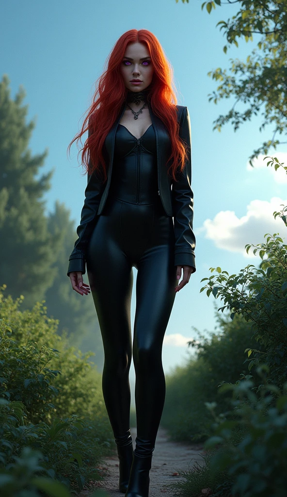 ((solo, 1woman, alone , TakashiroHiroko, 1girl, TakashiroHiroko, ((dark purple eyes, red hair, long hair)), pink lipstick, Extremely detailed, ambient soft lighting, 4k, perfect eyes, a perfect face, perfect lighting, a 1girl)), ((solo, (1woman, pink lipstick), Extremely detailed, ambient soft lighting, 4k, perfect eyes, a perfect face, perfect lighting, a 1girl)), ((leather outfit, black jacket, leather pants, leather pants, tight suit, bright outfit, high heels, black high heels, nature, trees, bushes, blue sky, clouds, earrings))