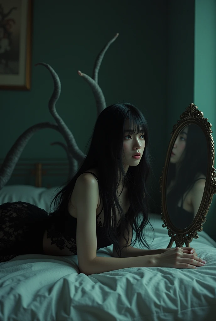 Masterpiece, cinematic. dark creepy. full body view . korean girl with blurred face with black long hair in black lce with tentacles behind her,, lying onthebed on belly, feet, taking a selfie in a mirror., , Polaroid, ,,dark black background,, retro style photo, realistic photo, vhs, vintage style, depressive atmosphere