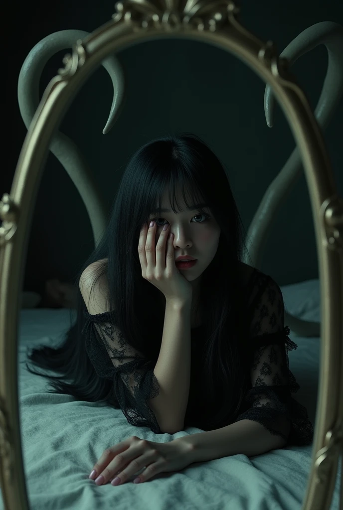 Masterpiece, cinematic. dark creepy. full body view . korean girl with blurred face with black long hair in black lce with tentacles behind her,, lying onthebed on belly, feet, taking a selfie in a mirror., , Polaroid, ,,dark black background,, retro style photo, realistic photo, vhs, vintage style, depressive atmosphere