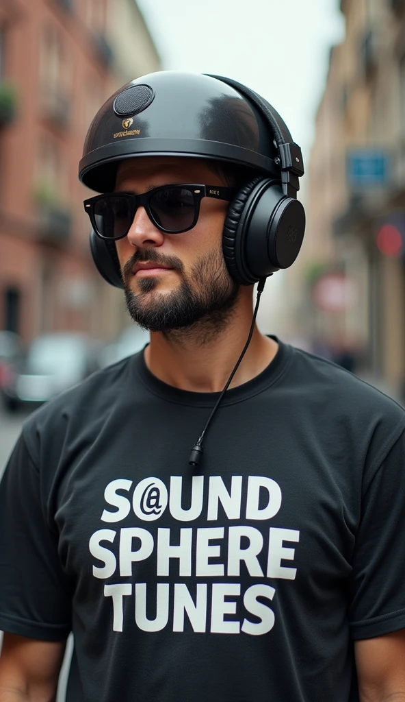 A man dome with sunglasses and a t-shirt that says SoundSphereTunes, full body