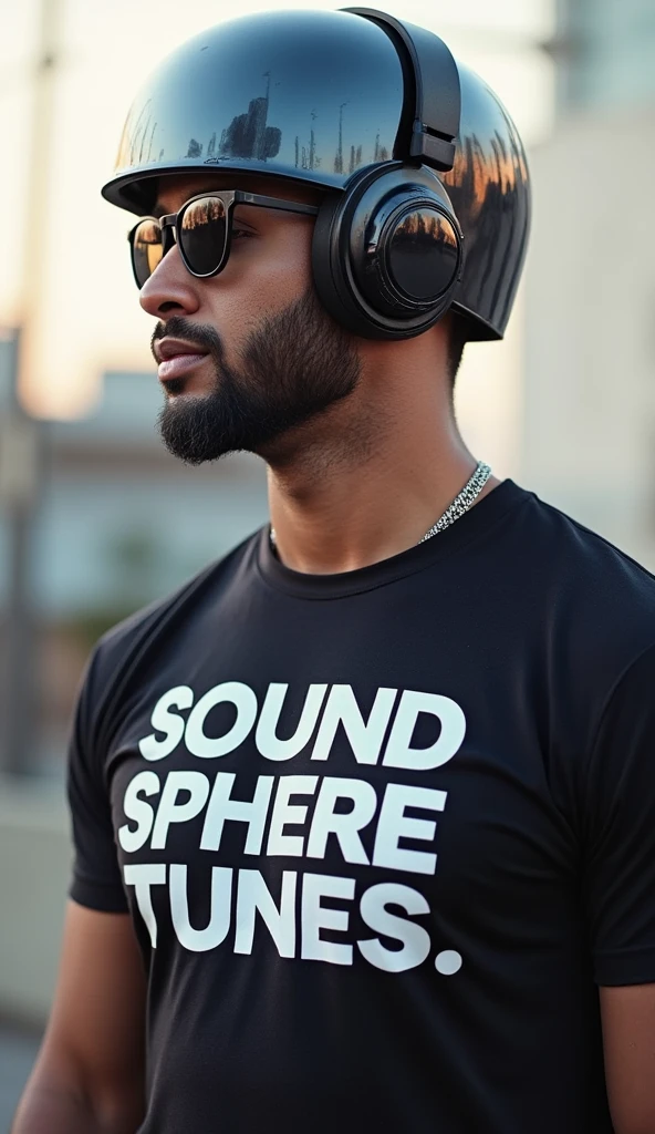 A man dome with sunglasses and a t-shirt that says SoundSphereTunes, full body