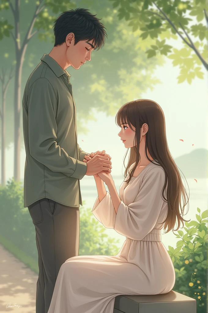 Drawing of a woman sitting and a man standing next to her holding her left hand
