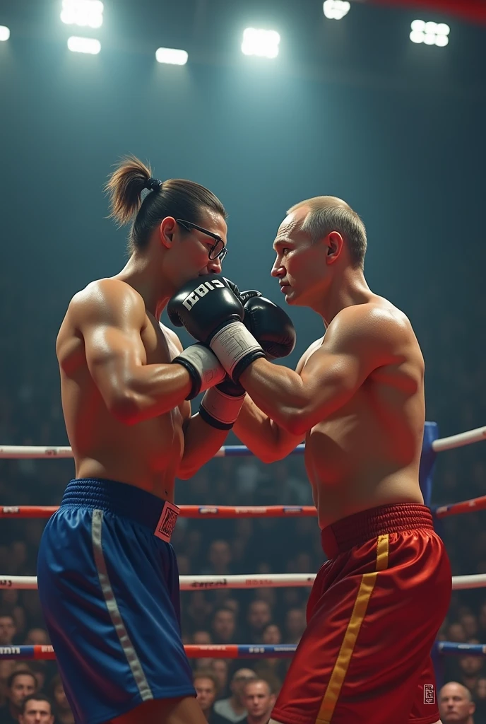 (photorealism:1.2), Twitch-streamer Olesha fighting on a boxing ring with a Putin, Olesha wearing round glasses and pony-tail hair
