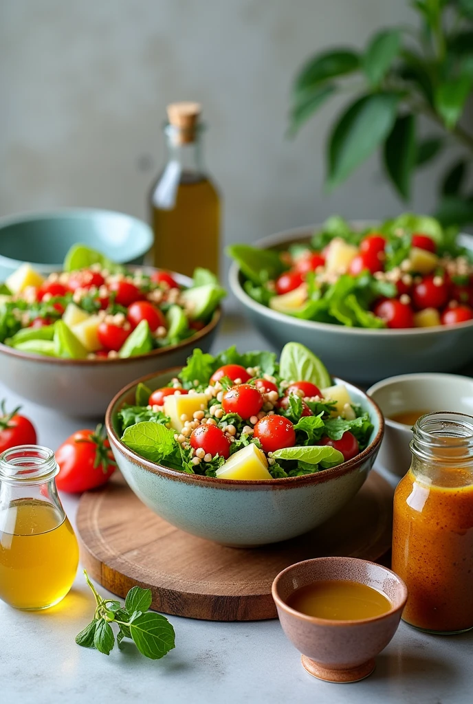 table with several bowls of wonderful and different salads with jars of salad dressing nearby, olive oil and bowl of water