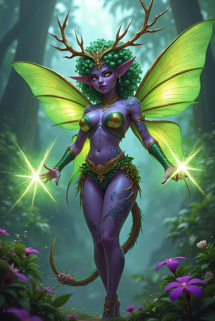 Prismatic coloration. Jungle like environment. A short young Gremlin like Plant woman with a Deep Ethereal purple skin tone & a set of B-cup breast bearing curvaceous hips, heavy Starlike freckles running across her whole body ,Slender Legs, & a round but small ass. She has short leaf green curly hair stopping at the top of her neck with various flowers growing within. She is wearing a revealing Bikini like armor exposing much of her chest area with Golden celestial designs & an otherworldly Tiara on her head. She has a serious face & a stern gaze in her sharp Starlike Golden Glowing eyes with black sclera & a heavy freckled form. She has long transparent Crystal like Blue antlers radiating Floral energy & a set of elegant Elven ears. She has long Ruby red vine like tattoos running all around her body accompanied by violet Star-like Tattoos running along them. She has a small cute nose. She has large Crystal Golden Fairy-like wings with a starlike pattern & a long dragon-like arrow-tipped tail .She is seen in a battle stance summoning verdant green Starlight magic from her fingertips