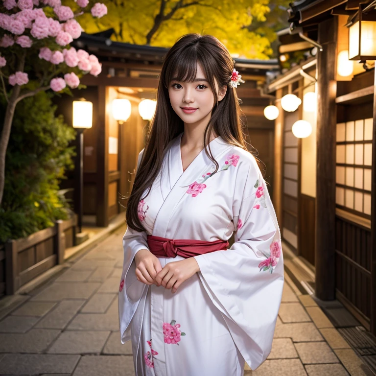 laughing out loud,Wear a white yukata with large flowers, Long yukata, (knee shot), 1 person, On the face, light brown hair, blunt bangs, hair behind ears, Hair over the shoulders, long hair, Slender body type, Super thin face, face slimming, delicate lips, beautiful eyes, Thin blush, Eyes are light brown,Check it out here, (realistic:1.3), Standing next to a street in Kyoto, Japan, 8k, , Super detailed, high quality, best quality, High resolution, ,Large Breasts,H CUP, 2