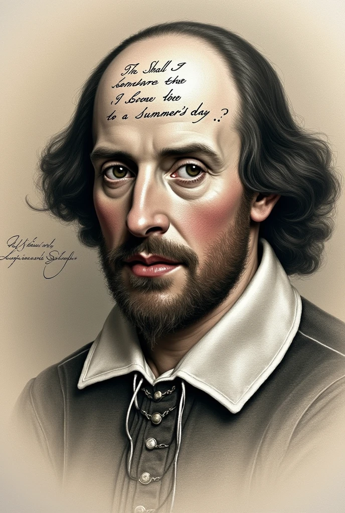 A picture of the face of the poet Shakespeare, with the poem written inside the face, “Can I compare you to a summer day?” in clear, beautiful handwriting, and the handwriting is carved across the entire painting to make the face appear as a painting displaying the poetry in the poet’s face.