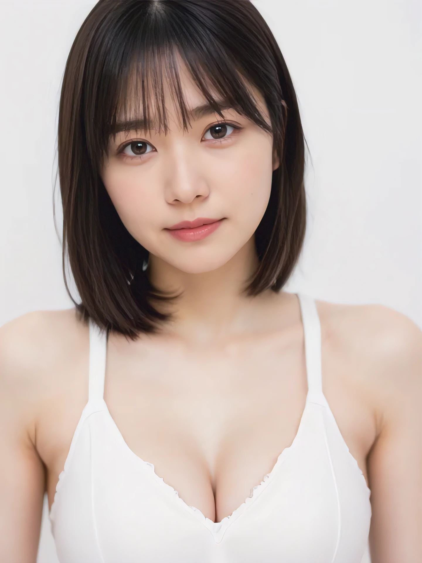 1girl, 2 woman, cute face, Small breasts, medium breasts, large breasts, beautiful face, (perfectly detailed face), ((looking at viewer)), Simple Background, ((white background)), ((white wallpaper)), White skin, (bright lighting:1.2), perfect lighting, photorealistic, (bokeh), UHD, anatomically correct, highres
