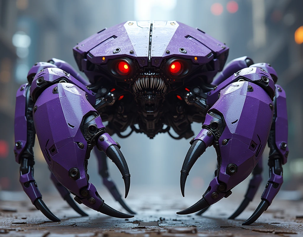 a highly detailed hexagonal prism robot with crab-like legs, red eyes, sharp teeth, a purple crab-shaped body, floating and flying. claw hand. high tech design.
