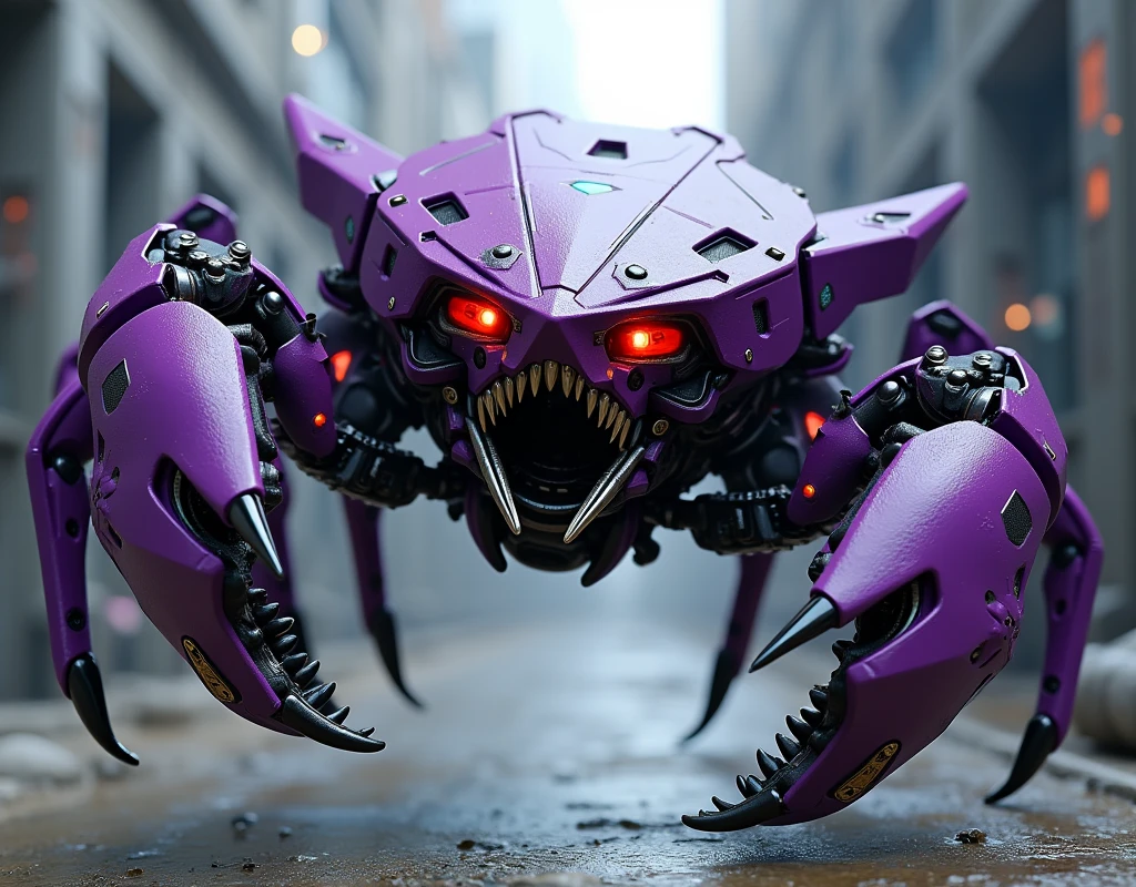 a highly detailed hexagonal prism robot with crab-like legs, red eyes, sharp teeth, a purple crab-shaped body, floating and flying. claw hand. high tech design.
