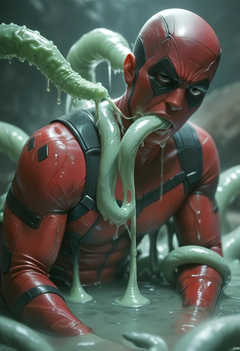 Deadpool, Superhero, Tentacle entanglement,, monster breeding, wet, slime, tentacles, slimy tentacles, monster and human breeding, Deep into the mouth, pectoral