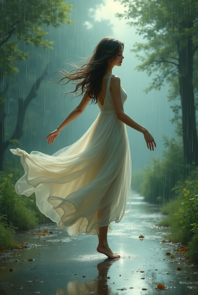 Romantic rainy a girl dancing