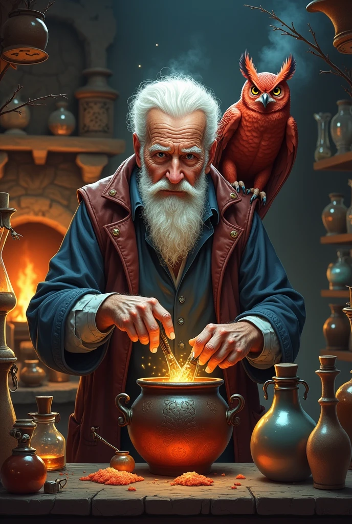 Old man looking like Joe Biden makes potions with a red owl on his shoulder