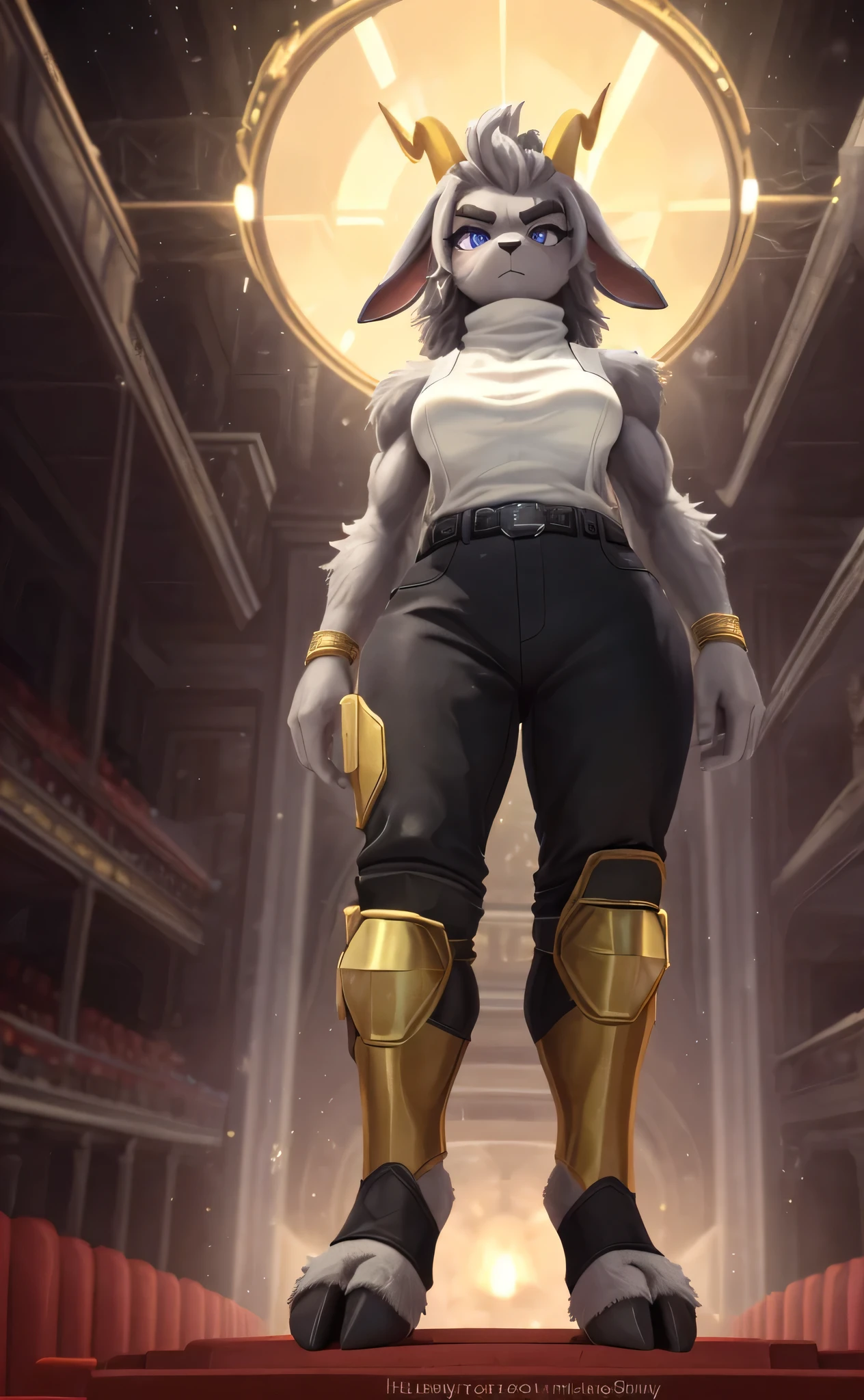 [sybil], [pseudoregalia], ((masterpiece)), ((HD)), ((high res)), ((solo portrait)), ((full body)), ((low angle view)), ((feet visible)), ((detailed fur)), ((detailed shading)), ((cute cartoon aesthetic)), {(anthro goat woman), (athletic figure), (grey body fur), (black nose), (long droopy rabbit ears), (yellow narly horns), (bushy dark grey eyebrows), (cute indigo eyes), (long grey eyelashes), (medium breasts), (curvy hips), (thick thighs), (beautiful legs), (defined feet), (hooved toes), (angry), (tired eyes)}, {(white sleeveless top), (turtleneck), (black bellbottom pants), (gold waist belt), (gold knee pads), (black stirrup sock)}, {(standing), (looking at viewer)}, [ambient lighting, theatre]