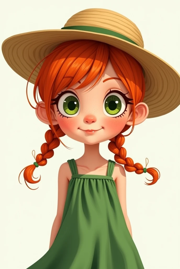 Cartoony girl with orange hair in two braids, green eyes and freckles, with a straw hat and a green dress