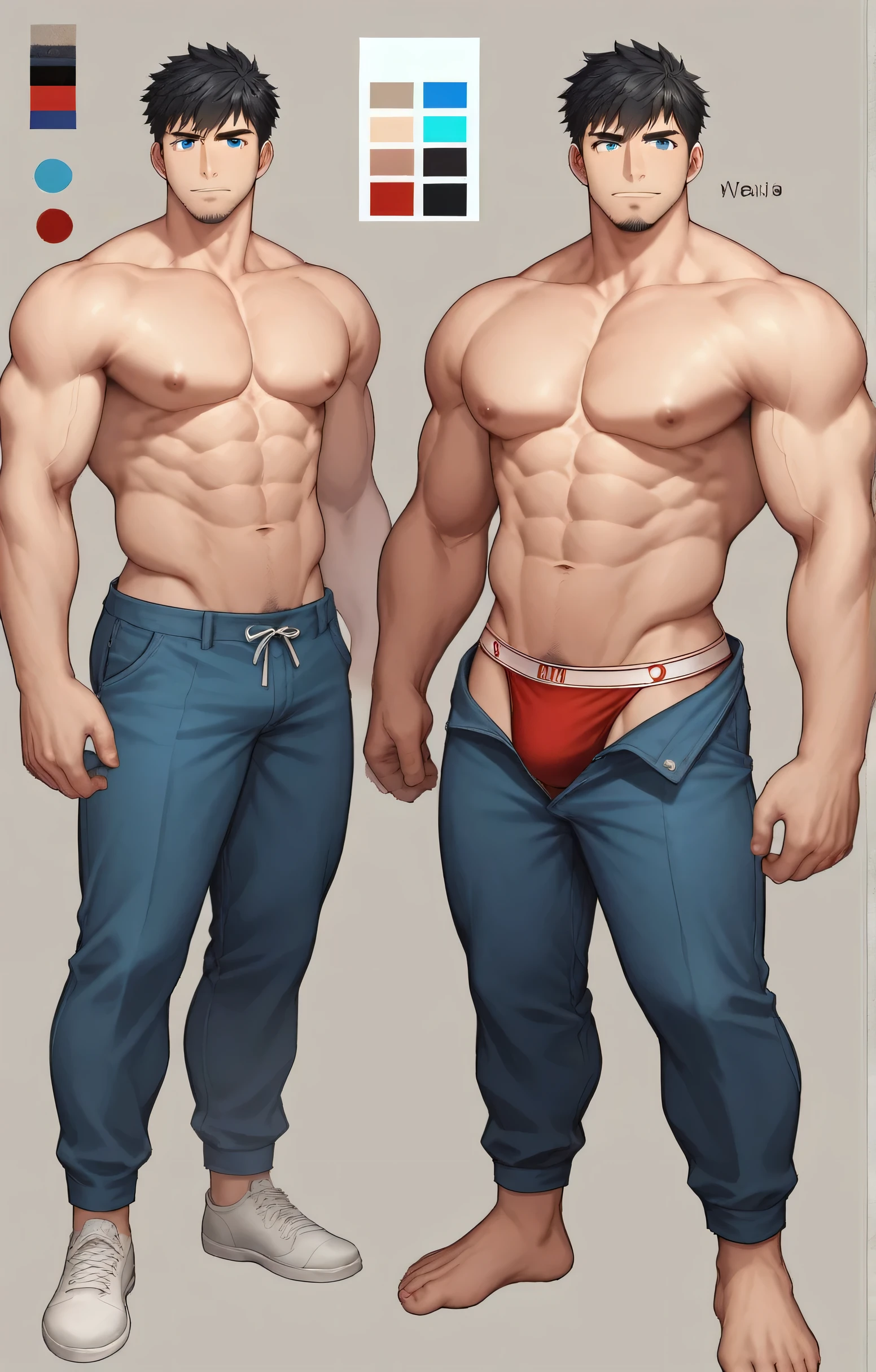 1boy, single, reference sheet, character design, front angle, side angle, left side angle, right side angle, dynamic poses, (masterpiece:1.2), (best quality:1.3), (reference sheet:1.5), adult anime male, huge man, tall man, masculine body, muscle body, muscle tall male, athletic body, muscle builder, muscle, bulky body, giant, Bara, 6ft. male, (Blue eyes), (short hair), (short bangs), (black hair), (pale skin), (pale skin color), beard, naked, naked men, nude, nsfw, handsome, wide chest, string underwear, speedo, huge hips, wide hips, daddy,