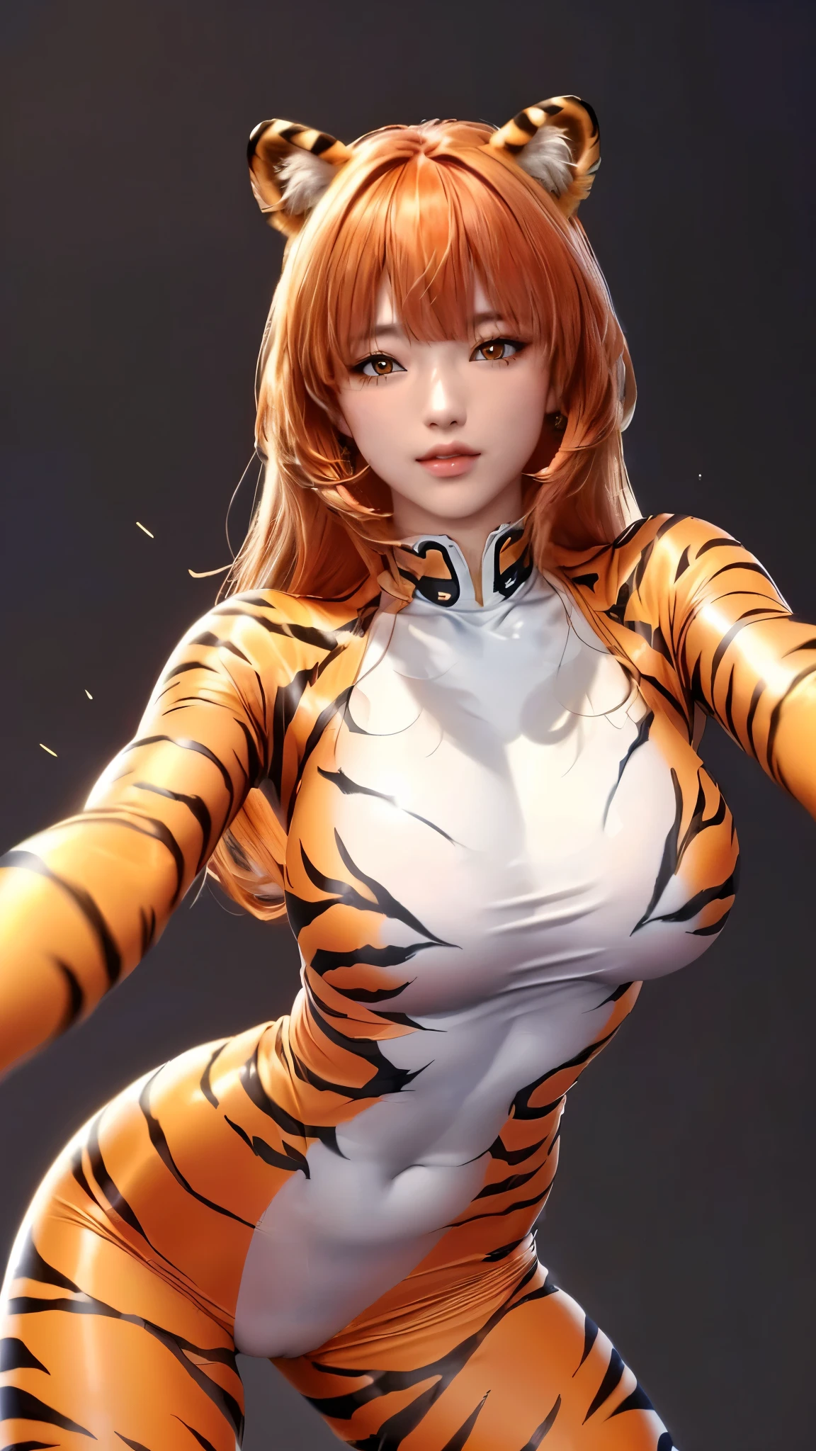(((Perfect body,(((hwjsy, tigerstripebodysuit ))),(((Orange hair, orange long hair, orange straight hair, golden eyes, red lips, pink powder blusher, tiger ear headdress))),((masterpiece)),high resolution, ((Best quality at best)),masterpiece,quality,Best quality,((( Exquisite facial features,Looking at the audience,There is light in the eyes,Smile))),ass pov,from below))),(((Light and shadow,Huge breasts,))),(((Looking at the camera,White background,))))