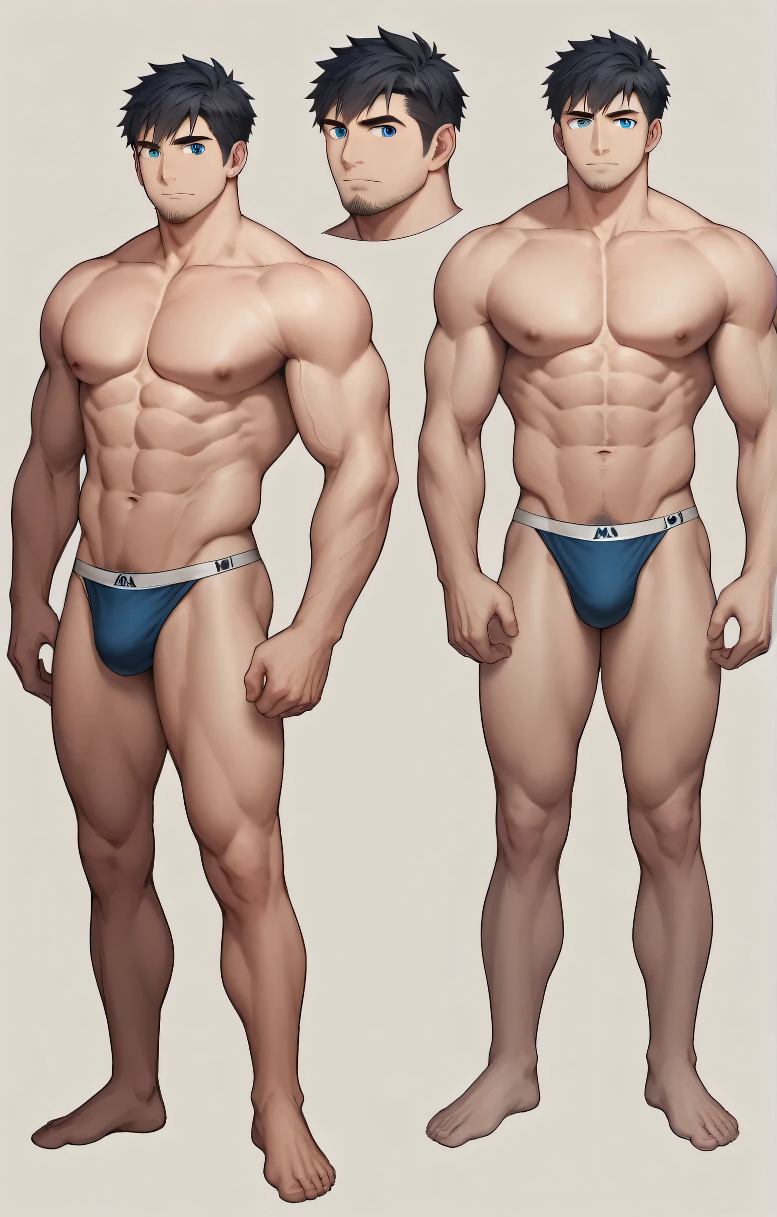 1boy, single, reference sheet, character design, front angle, side angle, left side angle, right side angle, dynamic poses, (masterpiece:1.2), (best quality:1.3), (reference sheet:1.5), adult anime male, huge man, tall man, masculine body, muscle body, muscle tall male, athletic body, muscle builder, muscle, bulky body, giant, Bara, 6ft. male, (Blue eyes), (short hair), (short bangs), (black hair), (pale skin), (pale skin color), beard, naked, naked men, nude, nsfw, handsome, wide chest, string underwear, speedo, huge hips, wide hips, daddy, 