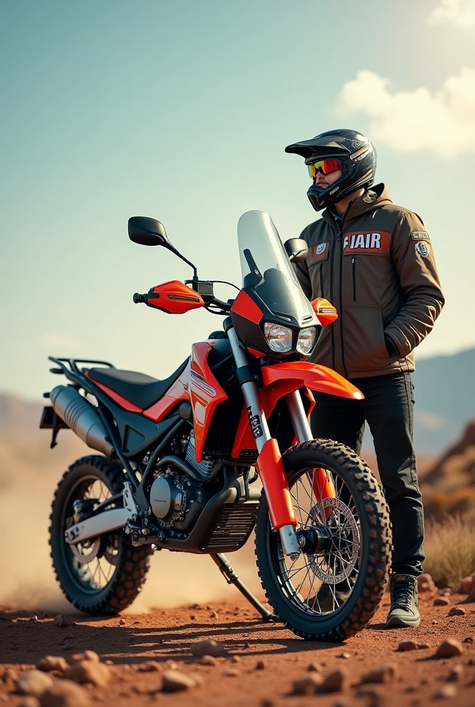 Blue all-terrain motorcycle and the owner standing next to it with a jacket that has the name JAIR on it. A more animated image with the name Jair, a bigger motorcycle that is for enduro