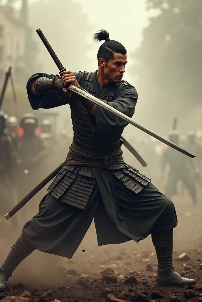 Cristiano Ronaldo fighting in World War II using swords in samurai outfit