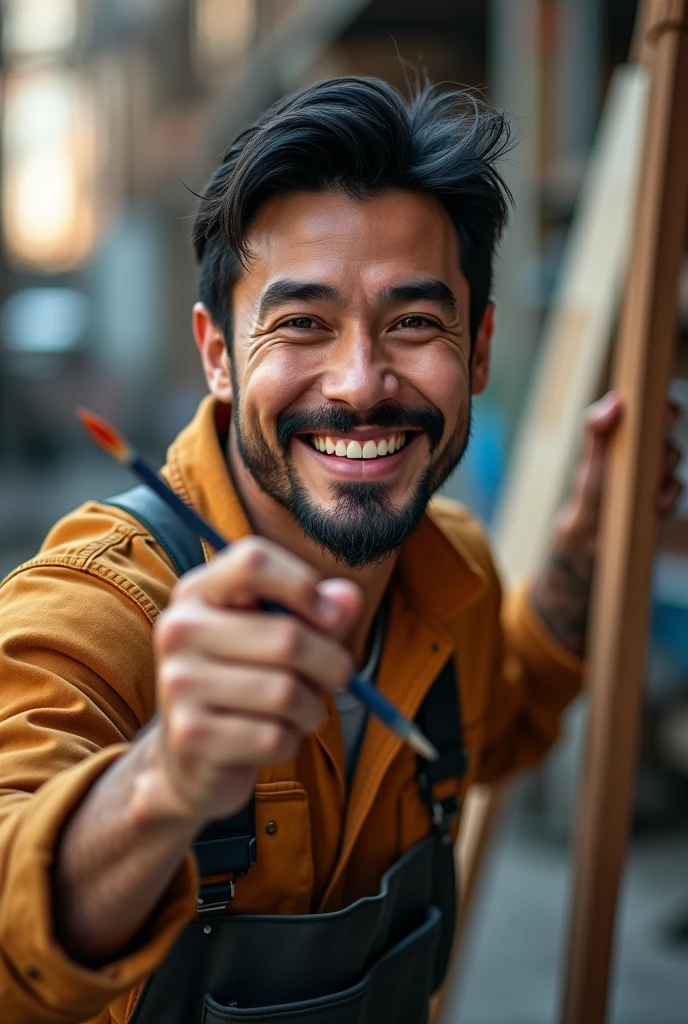 Goatee man with straight black hair and dark hair smiling with a construction painter's brush in his raised hand