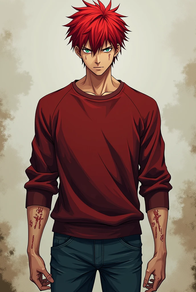 One of an 1 boy, Red hair, light blue eyes, dark red sweatshirt and jeans, He is very muscular even though he looks skinny,He is tall and handsome, has scars (style similar to jujutsu kaisen)