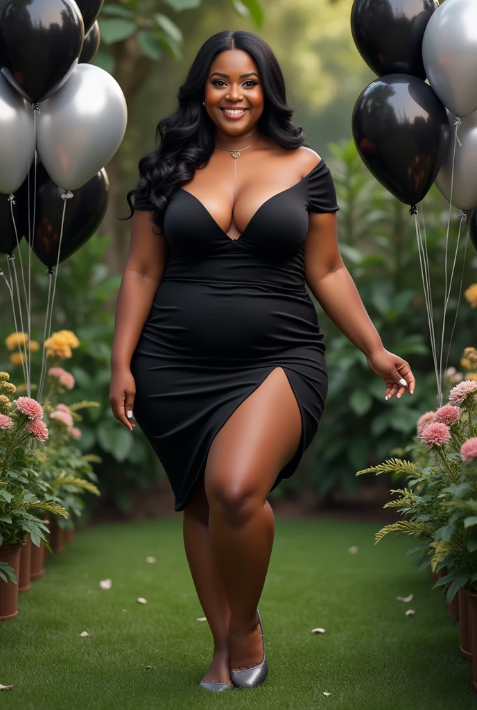 woman, long wavy black hair, smiling, big bust, wide legs, chubby, elegant black and silver dress, gray heels, surrounded by black and silver balloons, birthday celebration, in a garden, looking at the camera, photorealistic