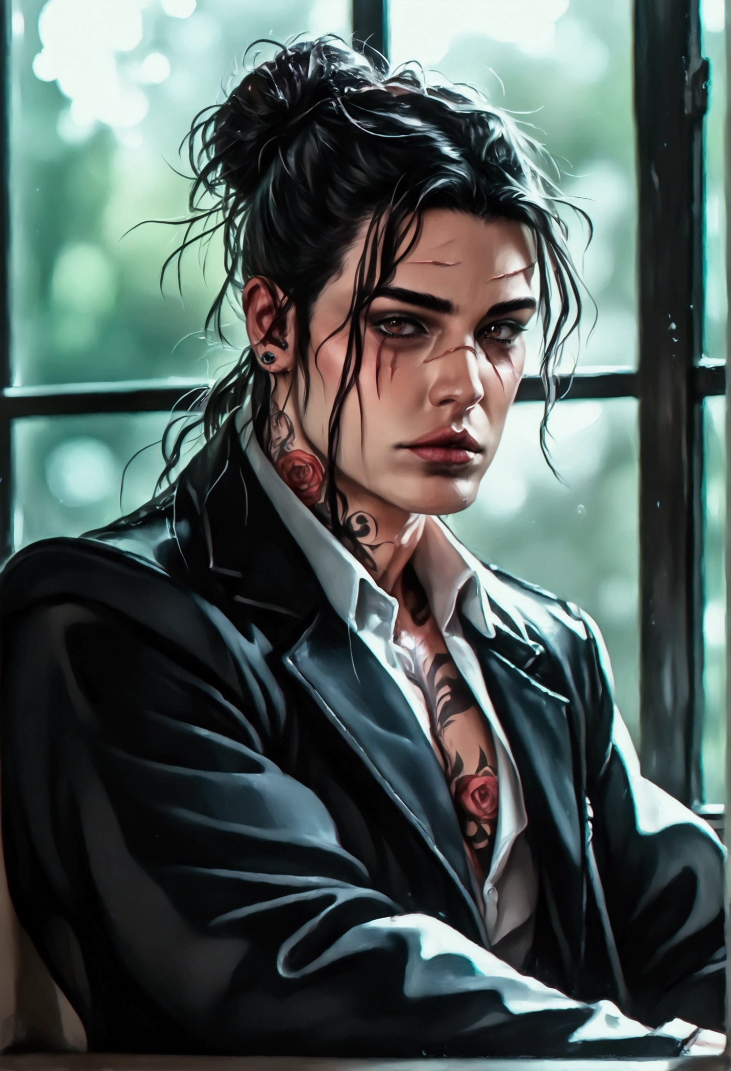 A muscular man with brown eyes, a tattooed neck, wearing a suit, full body view, scar over lip, scarred face, detailed features, sitting, long black hair tied in a messy bun,(best quality,4k,8k,highres,masterpiece:1.2),ultra-detailed,(realistic,photorealistic,photo-realistic:1.37),male portrait,cinematic lighting,dramatic lighting,dark moody atmosphere,chiaroscuro,moody,high contrast