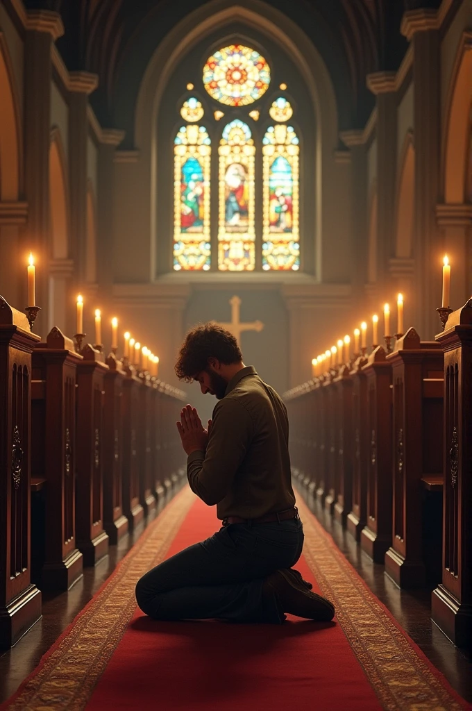 Man praying in a colonial church 
