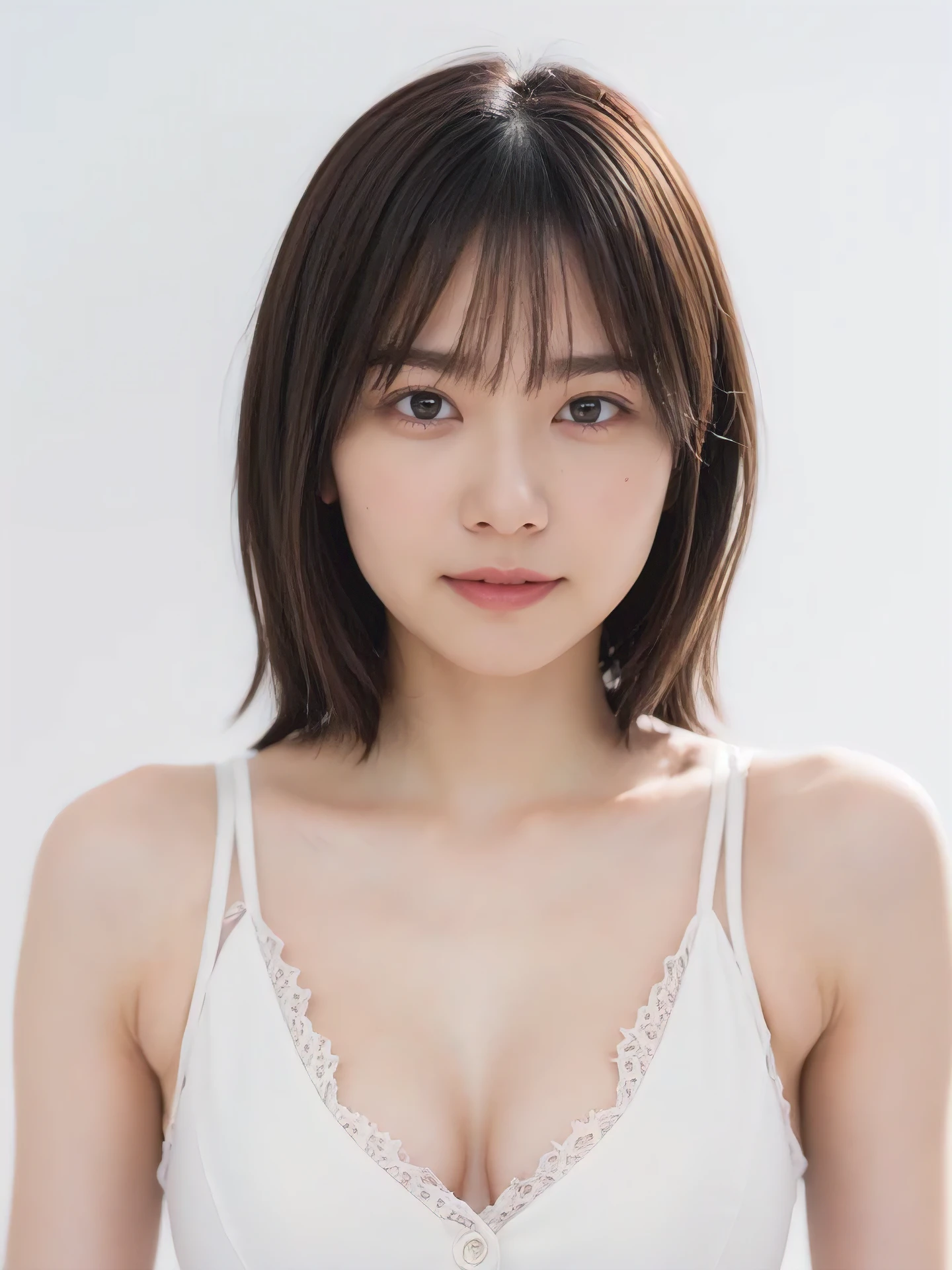 1girl, 2 woman, cute face, Small breasts, medium breasts, large breasts, beautiful face, (perfectly detailed face), ((looking at viewer)), Simple Background, ((white background)), ((white wallpaper)), White skin, (bright lighting:1.2), perfect lighting, photorealistic, (bokeh), UHD, anatomically correct, highres
