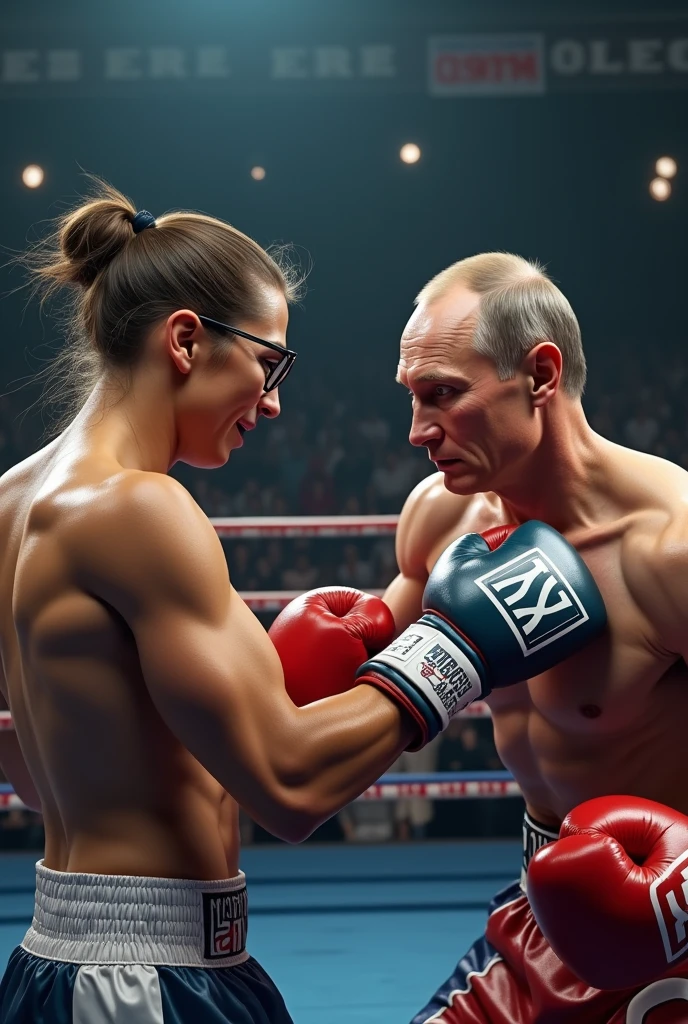 (photorealism:1.2), Twitch-streamer Olesha fighting on a boxing ring with a Putin, Olesha wearing round glasses and pony-tail hair