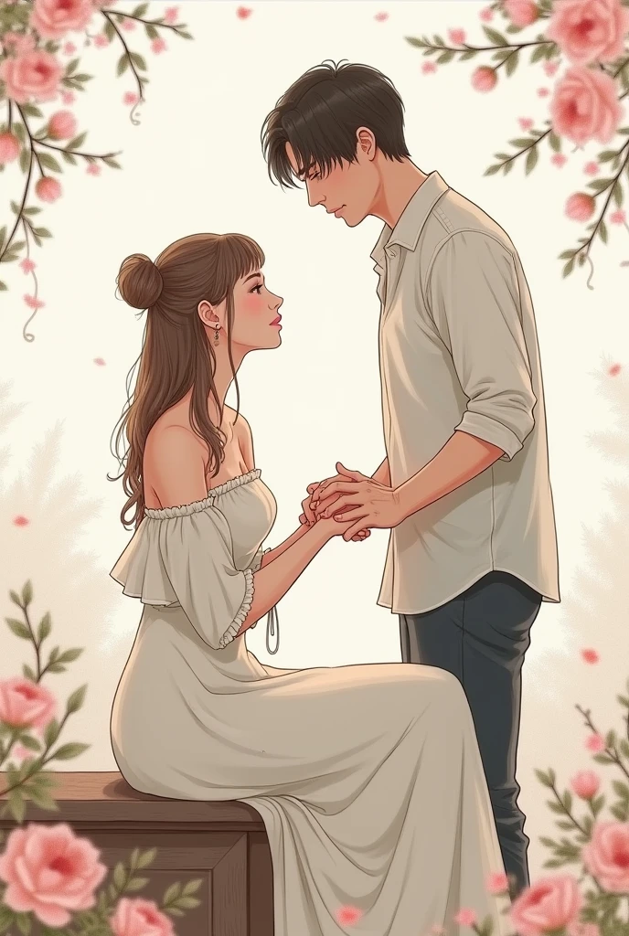 Drawing of a woman sitting and a man standing next to her holding her left hand but they are facing each other