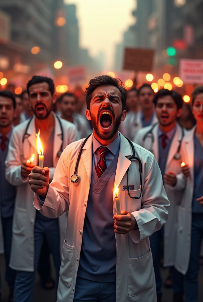 super angry doctors with reddish faces protesting against the government in india with posters and candles 
