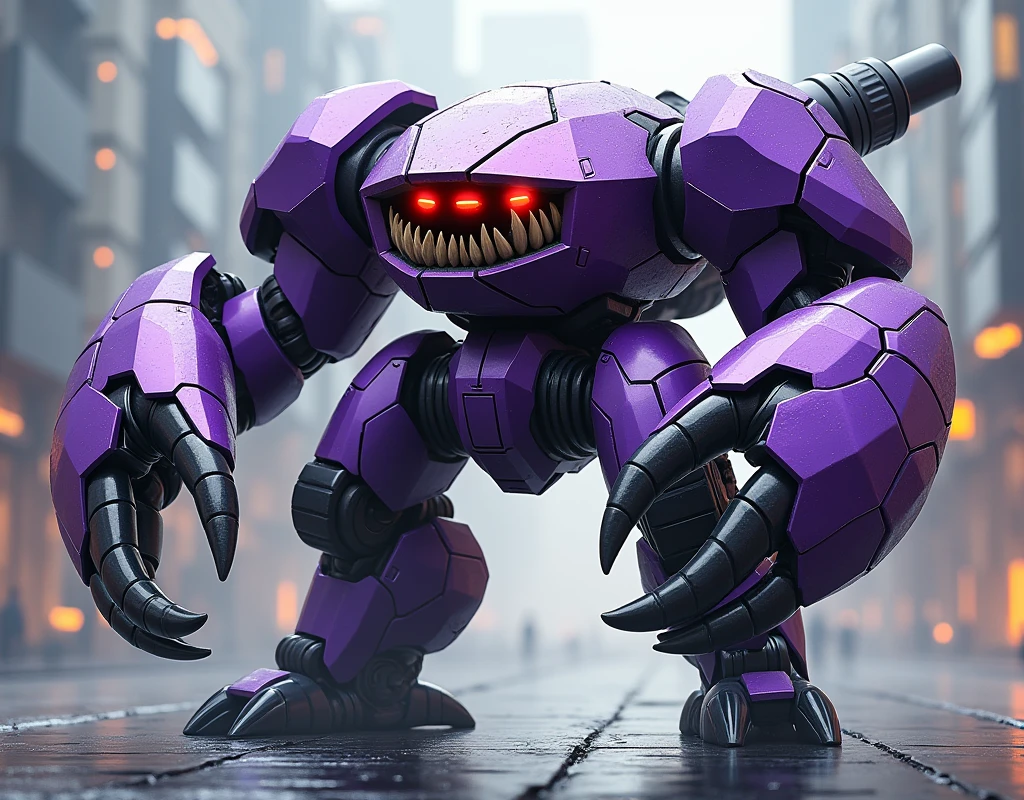 a highly detailed hexagonal prism robot with crab-like legs, red eyes, sharp teeth, a purple crab-shaped body, floating and flying. claw hand. high tech design. hulkbuster body. mecha robot. big bazooka.