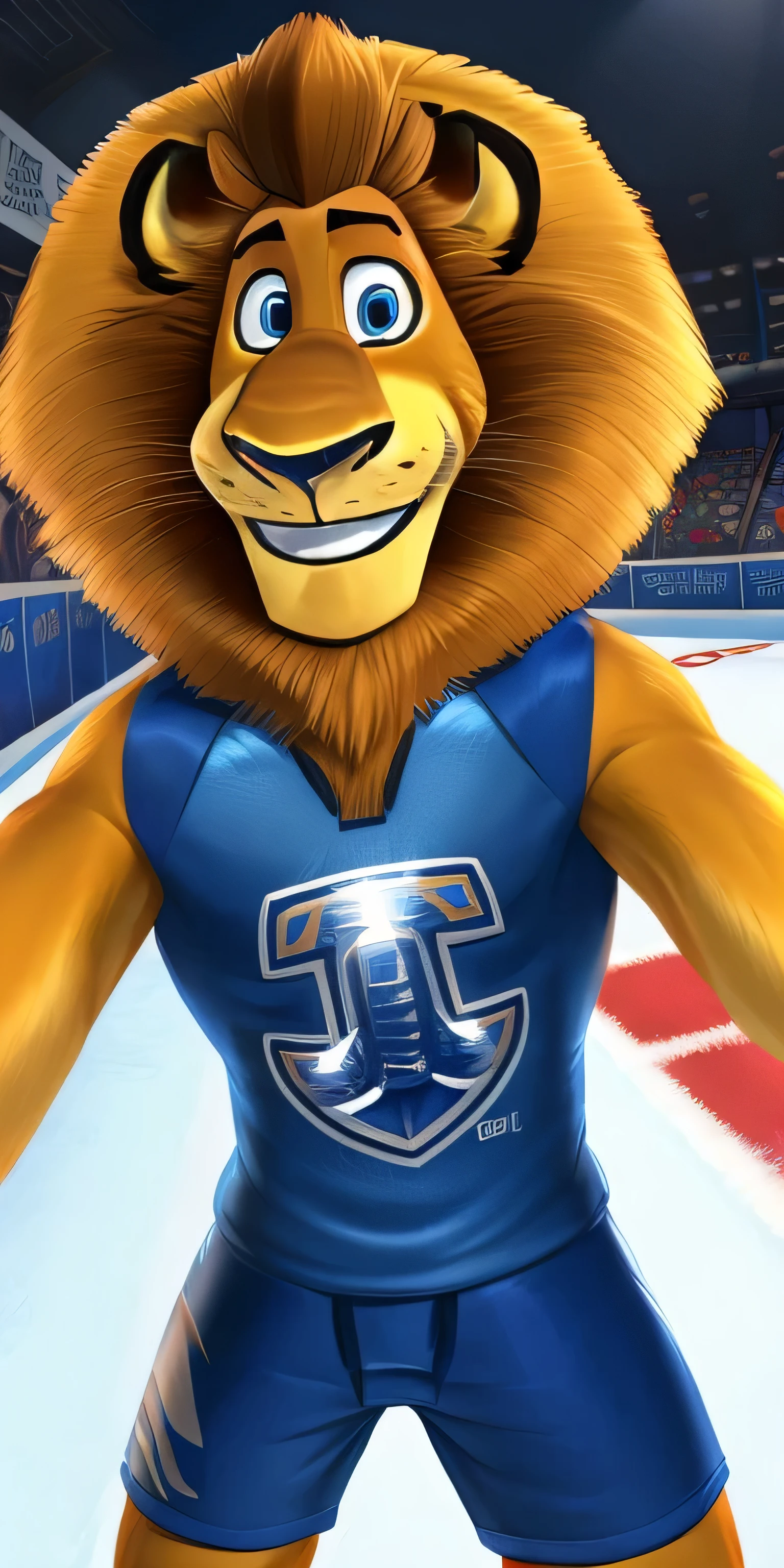 Alex the Lion, muscular body, extremely beautiful and cute face, perfectly detailed blue eyes with perfectly detailed pupils, hockey gear, selfie, cute smile, ice rink background