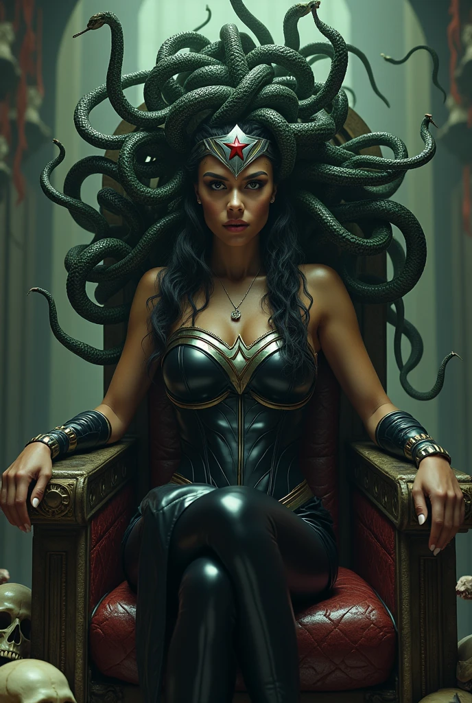 ((((A beautiful woman Medusa Greek mythology on her head carries thousands of snakes pretending to be her hair this woman wears a black leather suit with a black corset this suit has a lot of resemblance to the Wonder Woman suit has a silver diaema on her forehead which has a red star on her forehead this woman is sitting on a throne  skulls and rats around her terrifying images)))).