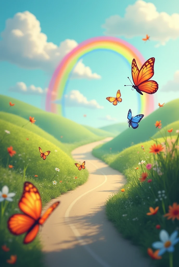butterflies flying towards a rainbow at the end of a road amidst hills