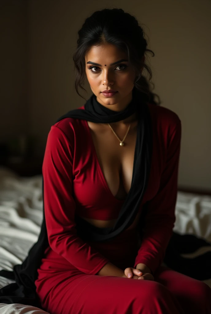 photo of Indian lady with dusky skin, wearing tight Red Kurti and Black stole around her throat, showing U Cut Cleavage, Hair tied behind, sitting on bed, dim light.