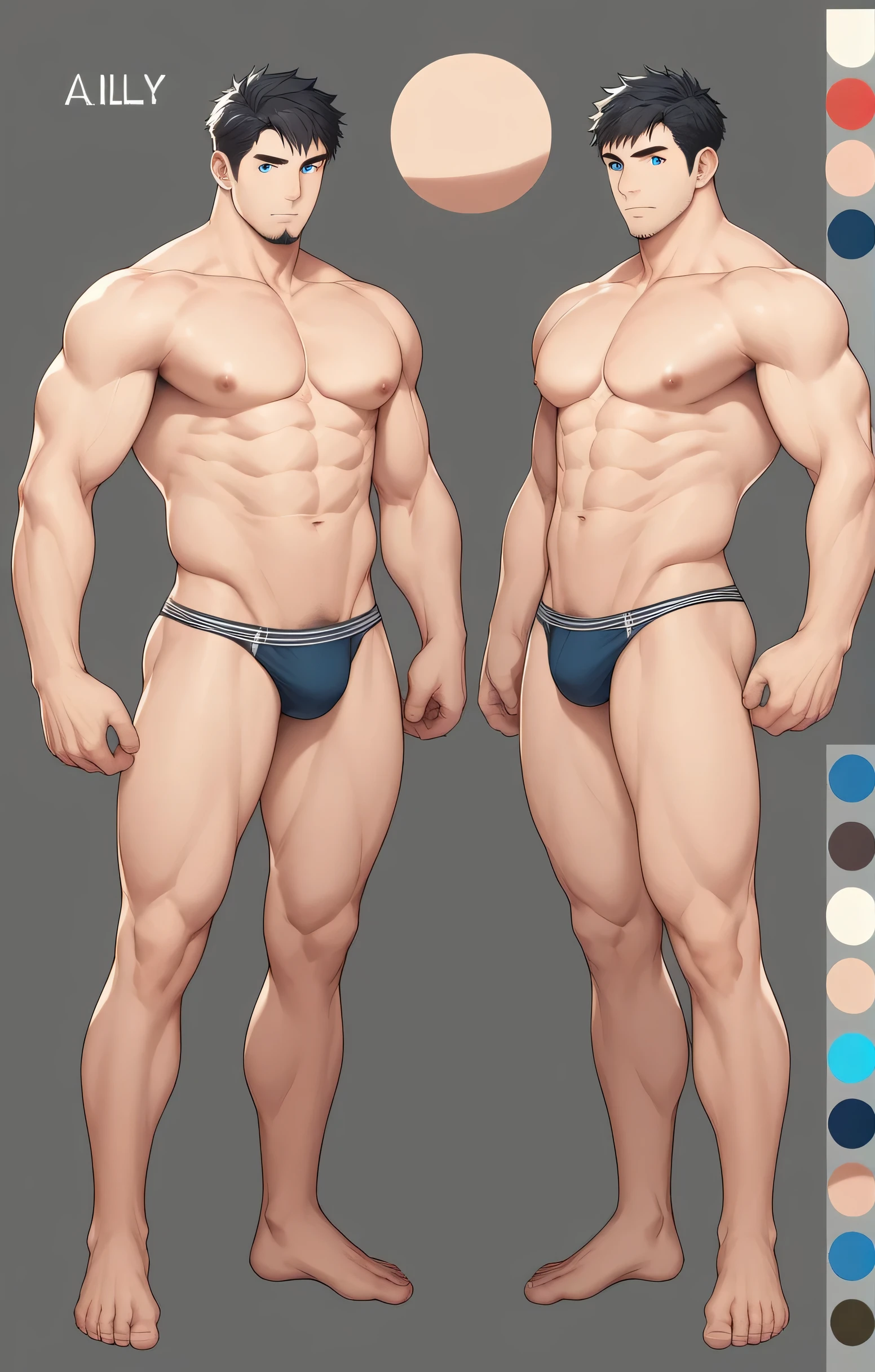 1boy, single, reference sheet, character design, front angle, side angle, left side angle, right side angle, dynamic poses, (masterpiece:1.2), (best quality:1.3), (reference sheet:1.5), adult anime male, huge man, tall man, masculine body, muscle body, muscle tall male, athletic body, muscle builder, muscle, bulky body, giant, Bara, 6ft. male, (Blue eyes), (short hair), (short bangs), (black hair), (pale skin), (pale skin color), beard, naked, naked men, nude, nsfw, handsome, wide chest, string underwear, speedo, huge hips, wide hips, daddy, barefoot, not wearing pants