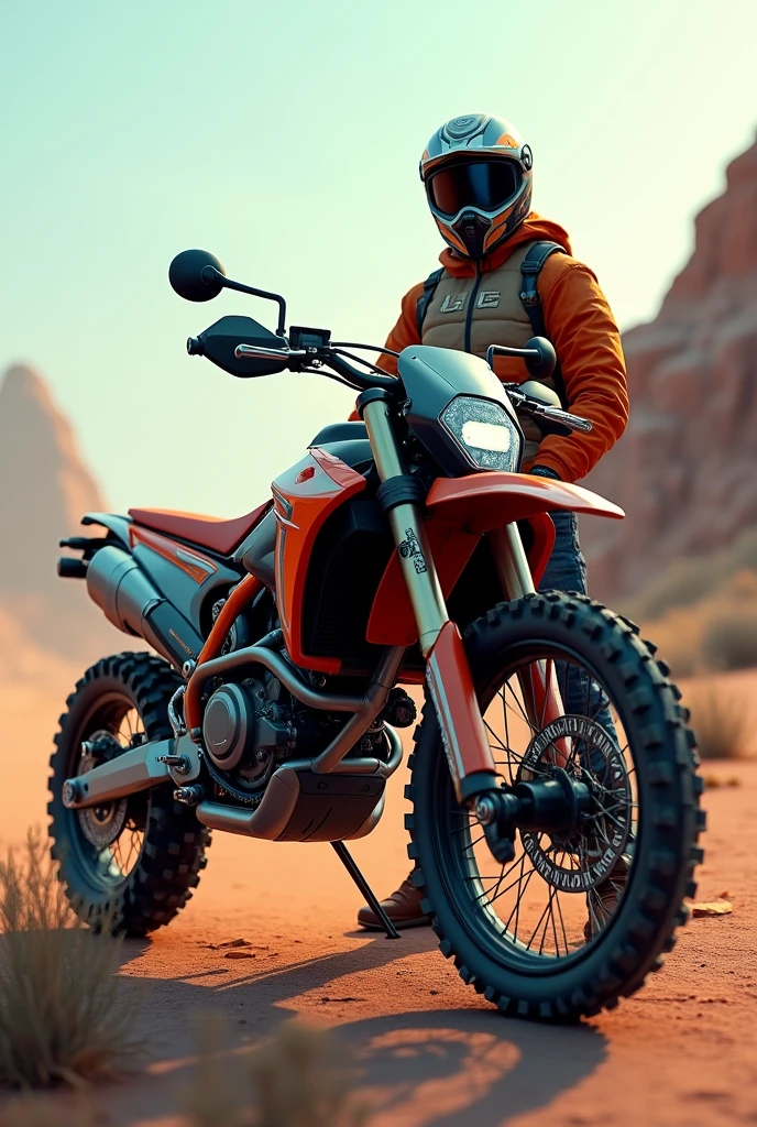 Blue all-terrain motorcycle and the owner standing next to it with a jacket that has the name JAIR on it. A more animated image with the name Jair, a bigger motorcycle that is for enduro