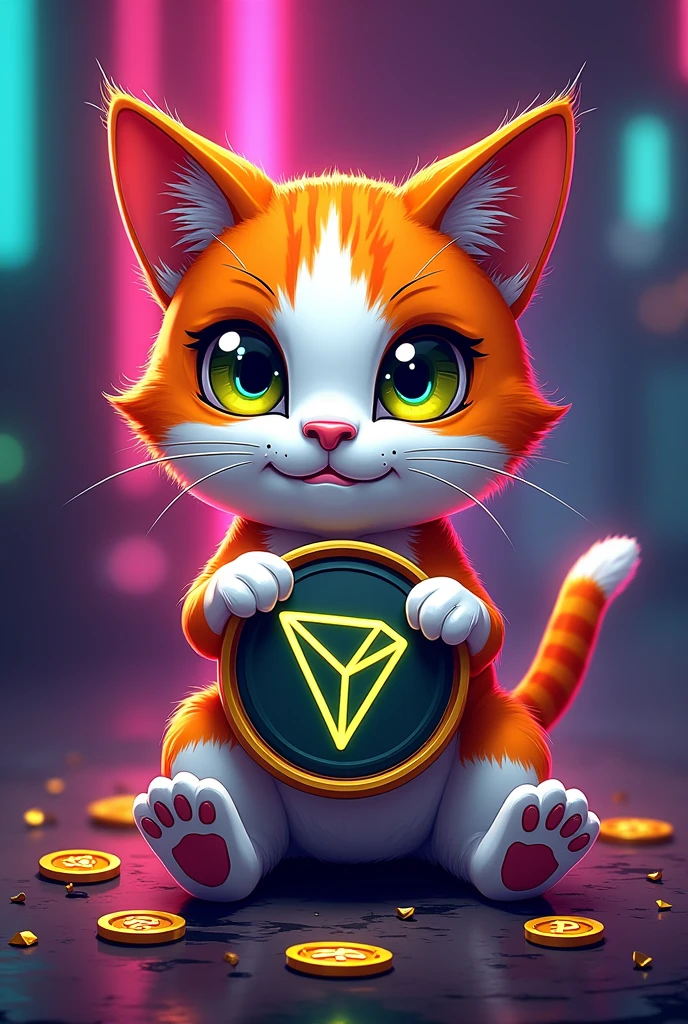 Cat name is suya it's name logo should be there and car body colour is orange and white and it's playing with tron coin make it thug life another one