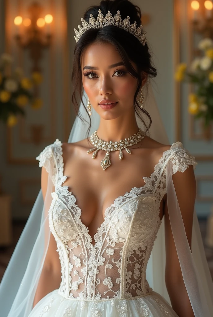 Highest Quality, Desktop Photography, 8k, Best Image Quality, Award Winning Works, One Beautiful Absolutely Nude Bride, (One: 1.1), (The Most Extravagant and Gorgeous Huge Fully See-Through Nude Wedding Dresses: 1.1), (Perfect Wedding Lace: 1.2), (The Most Extravagant and Luxurious Giant Tiara: 1.1), (The Most Extravagant and Luxurious Giant Necklace: 1.1), The Most Beautiful Smile Looks at Me, A Wide Selection of the Best Jewelry, (Full-Length Photo: 1.1), Perfect Makeup, Long Eyelashes, Sparkling Eyes Ultra HD, Hair Ultra HD, Shiny Lips Ultra High Resolution, Perfect Teeth Ultra High Resolution, Beautiful Face in Ultra High Resolution, No Panties, Shaved Pussy (Accurate Anatomy: 1.1)、(Very Bright and Beautiful Skin: 1.2)、(Very bright and vivid: 1.2)、(Luxurious wedding backdrop: 1.1), no panties, no panties, high quality vaginas