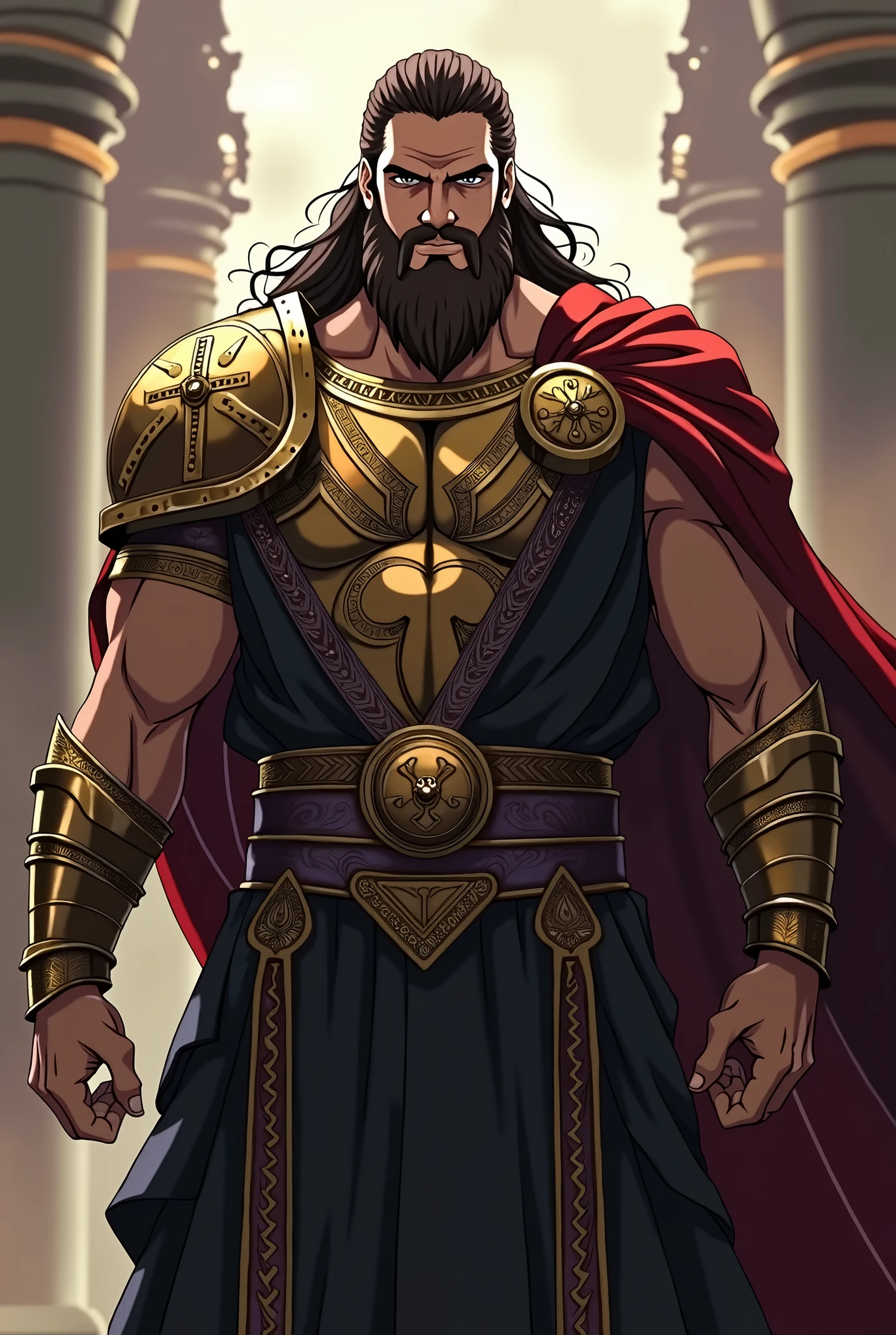 Pelops from Greek mythology, ((アニメ)), left shoulder made of bronze, black clothing, king of the peloponnese, Full Armor.