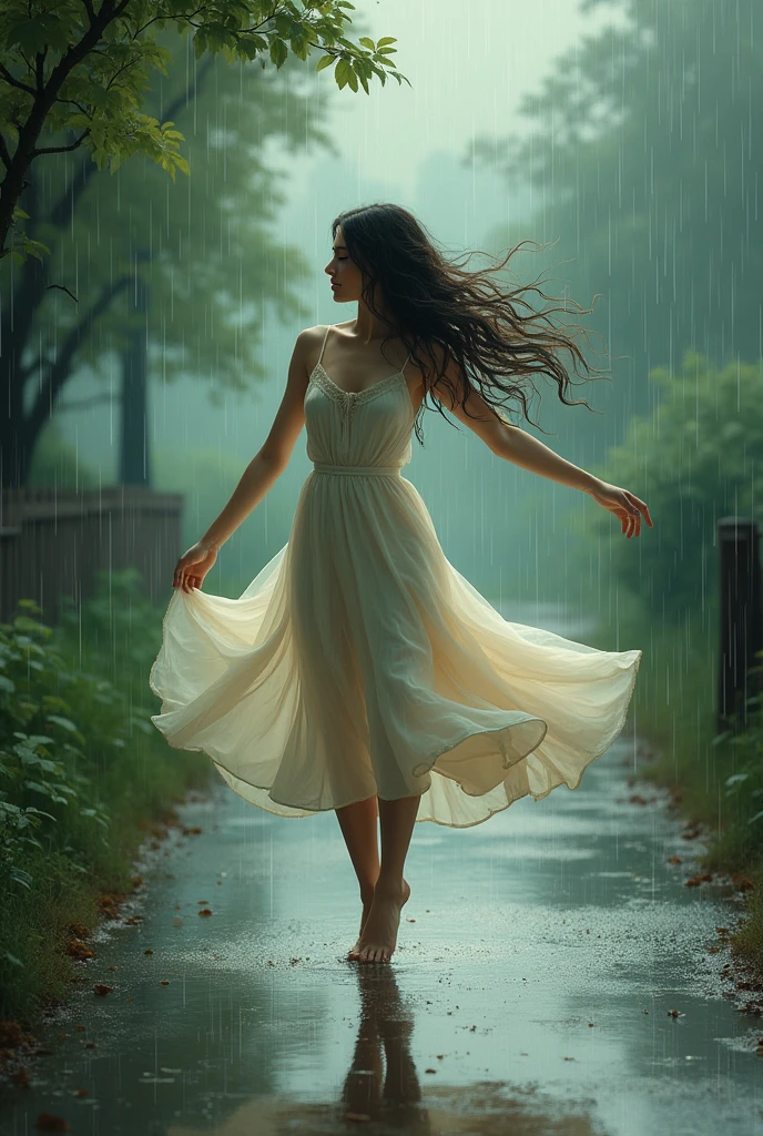 Romantic rainy a girl dancing