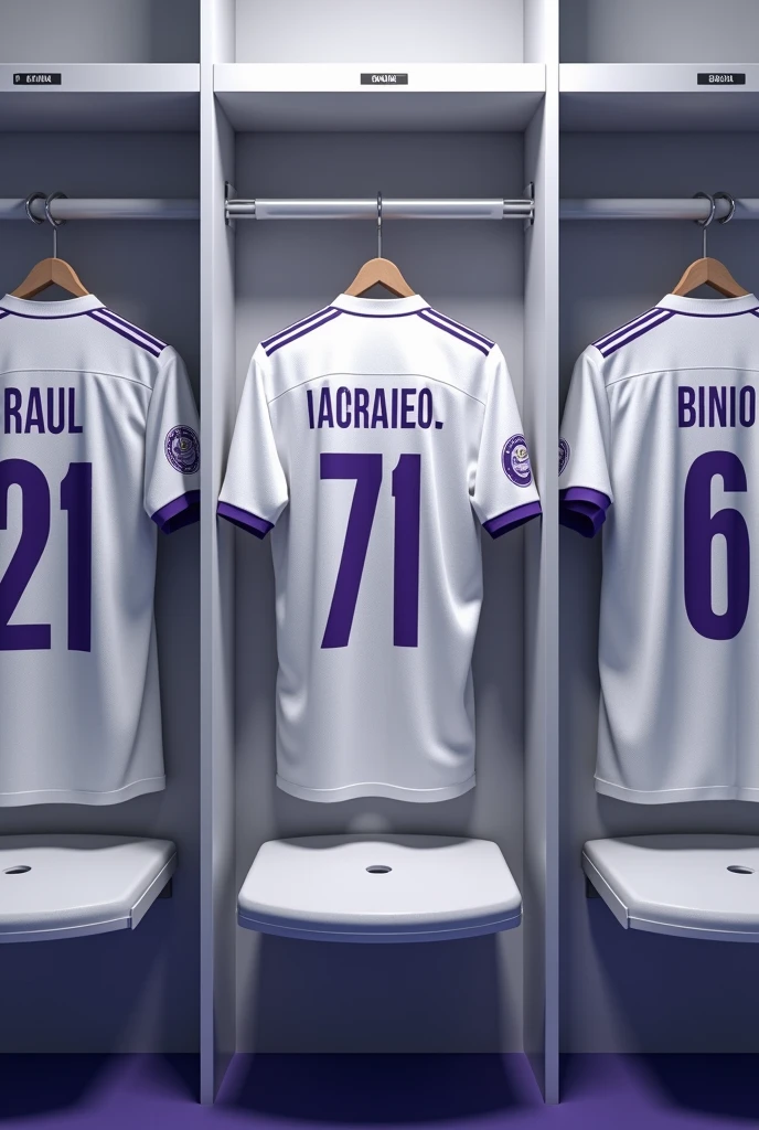 create an image of a football locker room with football player booths in these booths will be the shirt of each specified player, the players are ( Raul, with shirt number 21) ( raphael. c, with shirt number 7) ( Igor, with shirt number 71) ( come , with shirt number 10) ( Luizin, with shirt number 5 ) ( J.Felipe with shirt number 8 ) ( p. cauã with shirt number 77 ) ( Binho with shirt number 69 ) there will be a white shirt with purple details (minimalists) on the collar and at the tip of the sleeve the shirt must show the back with the name and number of each player