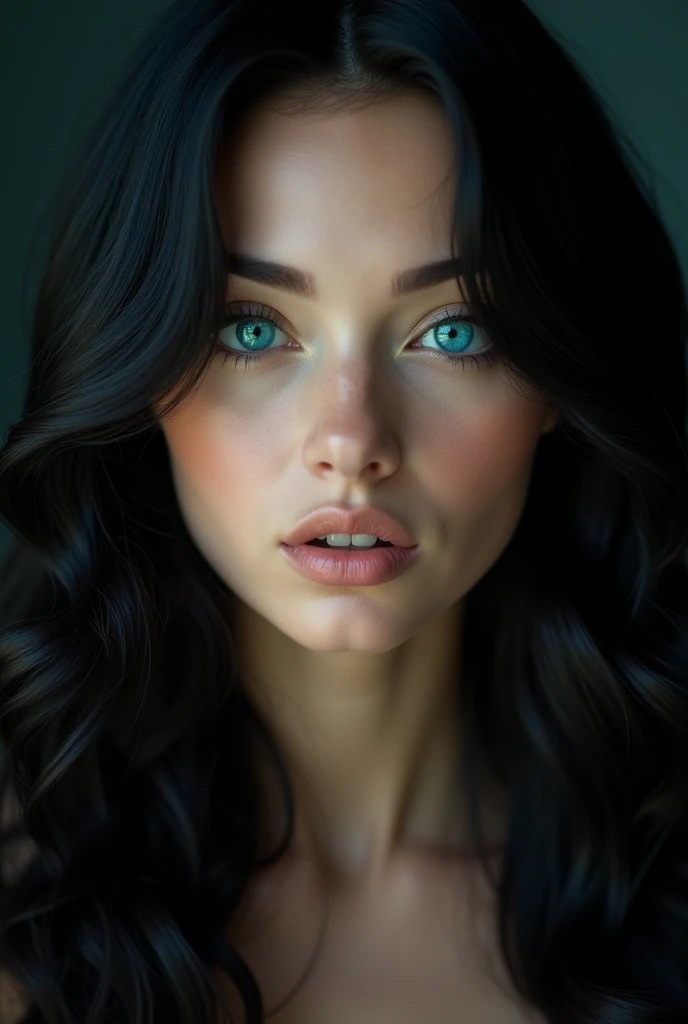 FACE SHOT OF LOVELY BEAUTIFUL BLACK HAIR WOMAN, HUGE LONG BLACK HAIR, VOLUMOUS HAIR, VERY PALE SKIN, TURCOISE BLUE  EYES, EXPRESSIVE TURCOISE EYES, LOVELY FACE EXPRESSION, CLOSED MOUTH, ROSY CHEEKS, HIGH CHEEKBONES, MENTAL FORAMEN, FRONTAL ANGLE SHOT, DARK BACKGROUND, DIFUSED LIGHTS, HIGH QUALITY MASTERPIECE