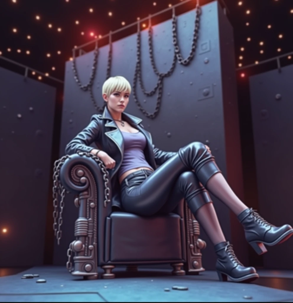 marin kitagawa, rocker woman, punk rock style clothing, high heel boots, leather pants, leather jacket, gray shirt, on a stage, chains around, chains hanging from the stage, sitting on the throne, sitting cross-legged, legs crossed, night, lights, spotlights, fireworks