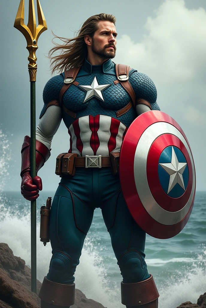 Create a realistic and epic image of a (((fusion))) between (((Captain America and Aquaman.))) The character should have:

Face: Blend Captain America's strong, determined features with Aquaman's rugged, kingly visage, creating a face that reflects both nobility and strength.

Hair: Combine Captain America's short, clean-cut hairstyle with Aquaman's longer, wavy hair, resulting in a distinctive style that reflects their dual nature.

Attire: Design an outfit that merges Captain America's iconic stars-and-stripes (((uniform with Aquaman's Atlantean armor))). The attire should feature a mix of red, white, and blue with (((gold and green accents))), (((incorporating elements like Aquaman's scaled armor and Captain America's star symbol on the chest.)))

Shield and (((Trident))): (((Integrate))) (((Captain America's shield with Aquaman's trident))), creating a unique weapon that symbolizes both defense and (((power.))) The shield could be (((circular with trident-like extensions))) or have a central emblem (((combining both symbols.)))

Setting and Pose: Place the character in an epic setting that blends elements of both land and sea, such as a coastal battlefield with crashing waves. Position them in a heroic pose, showcasing their readiness for battle and commanding presence.

Style: Maintain a realistic style that highlights the combined power and leadership qualities of Captain America and Aquaman, with a design that reflects their dual connection to both the surface world and the oceans.
