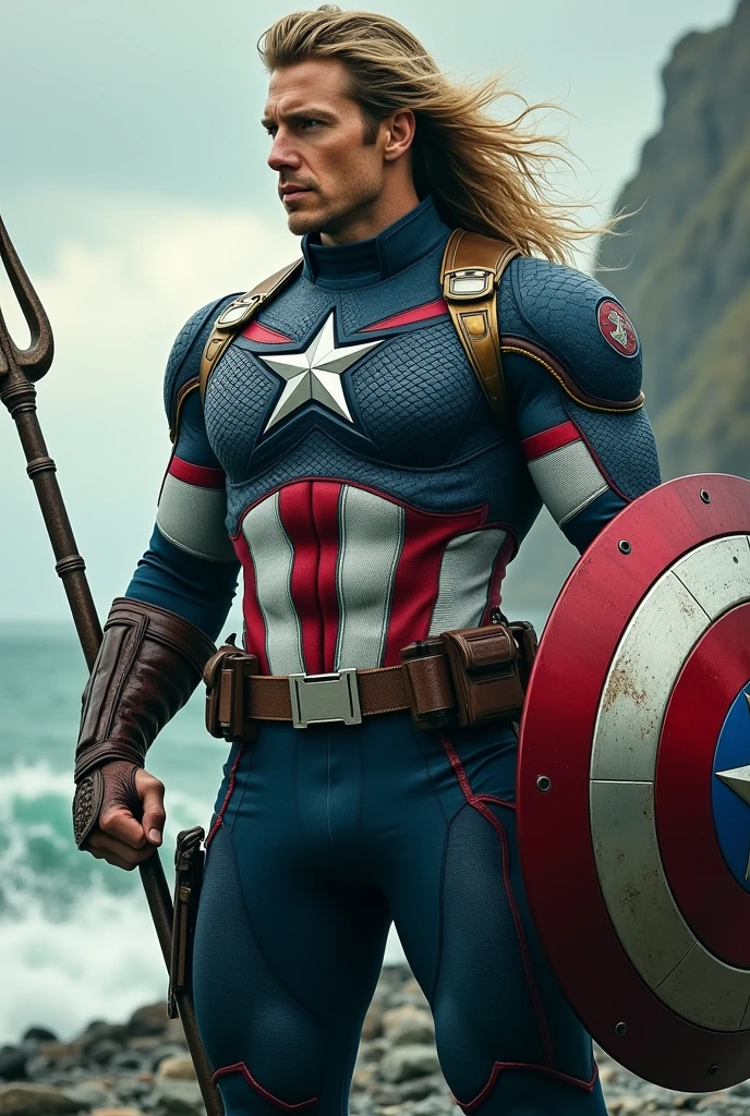 Create a realistic and epic image of a (((fusion))) between (((Captain America and Aquaman.))) The character should have:

Face: Blend Captain America's strong, determined features with Aquaman's rugged, kingly visage, creating a face that reflects both nobility and strength.

Hair: Combine Captain America's short, clean-cut hairstyle with Aquaman's longer, wavy hair, resulting in a distinctive style that reflects their dual nature.

Attire: Design an outfit that merges Captain America's iconic stars-and-stripes (((uniform with Aquaman's Atlantean armor))). The attire should feature a mix of red, white, and blue with (((gold and green accents))), (((incorporating elements like Aquaman's scaled armor and Captain America's star symbol on the chest.)))

Shield and (((Trident))): (((Integrate))) (((Captain America's shield with Aquaman's trident))), creating a unique weapon that symbolizes both defense and (((power.))) The shield could be (((circular with trident-like extensions))) or have a central emblem (((combining both symbols.)))

Setting and Pose: Place the character in an epic setting that blends elements of both land and sea, such as a coastal battlefield with crashing waves. Position them in a heroic pose, showcasing their readiness for battle and commanding presence.

Style: Maintain a realistic style that highlights the combined power and leadership qualities of Captain America and Aquaman, with a design that reflects their dual connection to both the surface world and the oceans.

