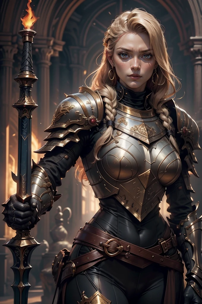 8k,Musculoskeletal々Female Warrior,fearless woman(like the real thing),Very large black and brown chest armor,black and brown shoulder armor,black and brown gauntlets,black and brown combat pants,black and brown leg armor,have a very large and long ax, Muscular armor,Muscles throughout the body swell,Violent and strongly cracked abdominal muscles,masterpiece,Highest quality photorealistic RAW photos。bright colors,rich colors, Backlight, cinematic lighting, film grain, to be born, 50mm lens, Nikon D850,detailed character art,fantasy art,ultra high resolution,super realistic skin,perfect hand shape,Photoreal Raw photo highest quality;1.4 ,smile,walk on a mountain path.very big eyes,Anita Ekberg, 30years, long blondie hair, braided hair, blue colored eyes, look at camera, HIGH CHEEKBONES, heaven, gold bodysuit, golden armour, Curvilinear athletic body, breasts, Bustness, Muscles, broadshouldered, details Intricate, highly detailed image, heaven, lighting sun, against light, gold armour, diva, super heroine, strapless armour, , Golden Shock, frontal perspective